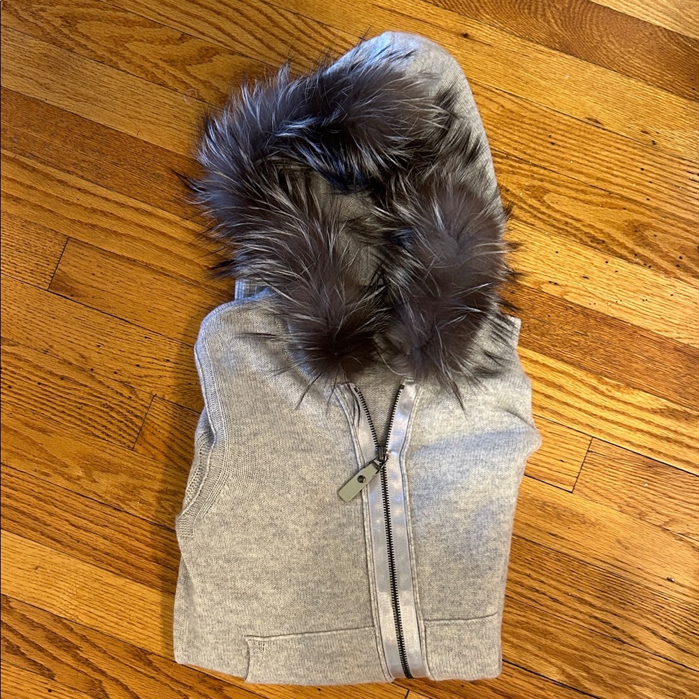 Magaschoni Light Gray Heather Hoodie Cardigan with Faux Fur Trim